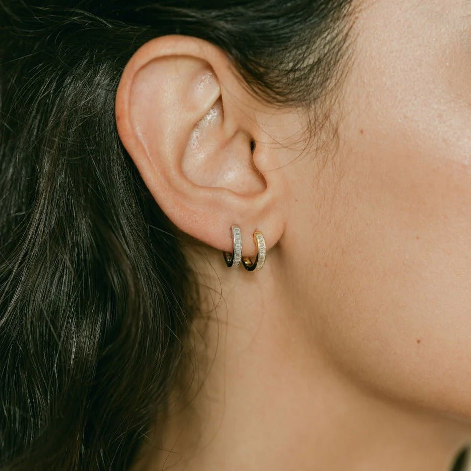 Baguette Small Hoop Gold Earrings with Cubic Zirconia - Image 3