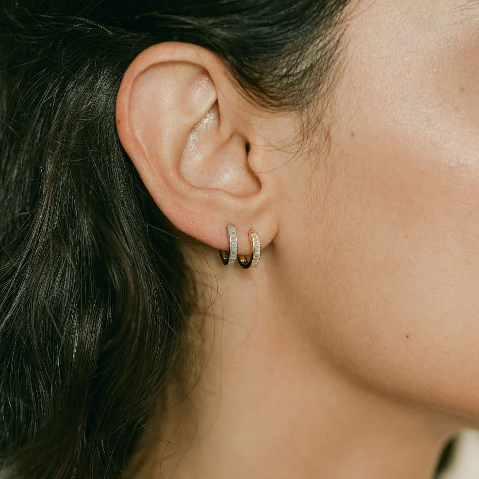 Baguette Small Hoop Silver Earrings with Cubic Zirconia - Image 2