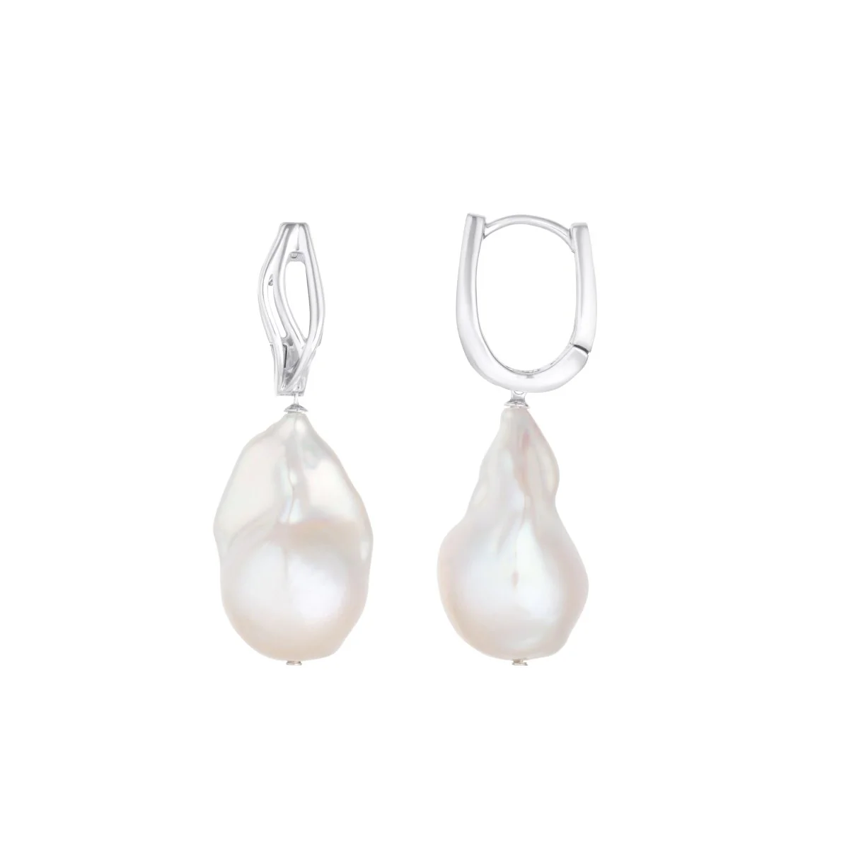 Baroque Pearl Wave Silver Hoop Earrings