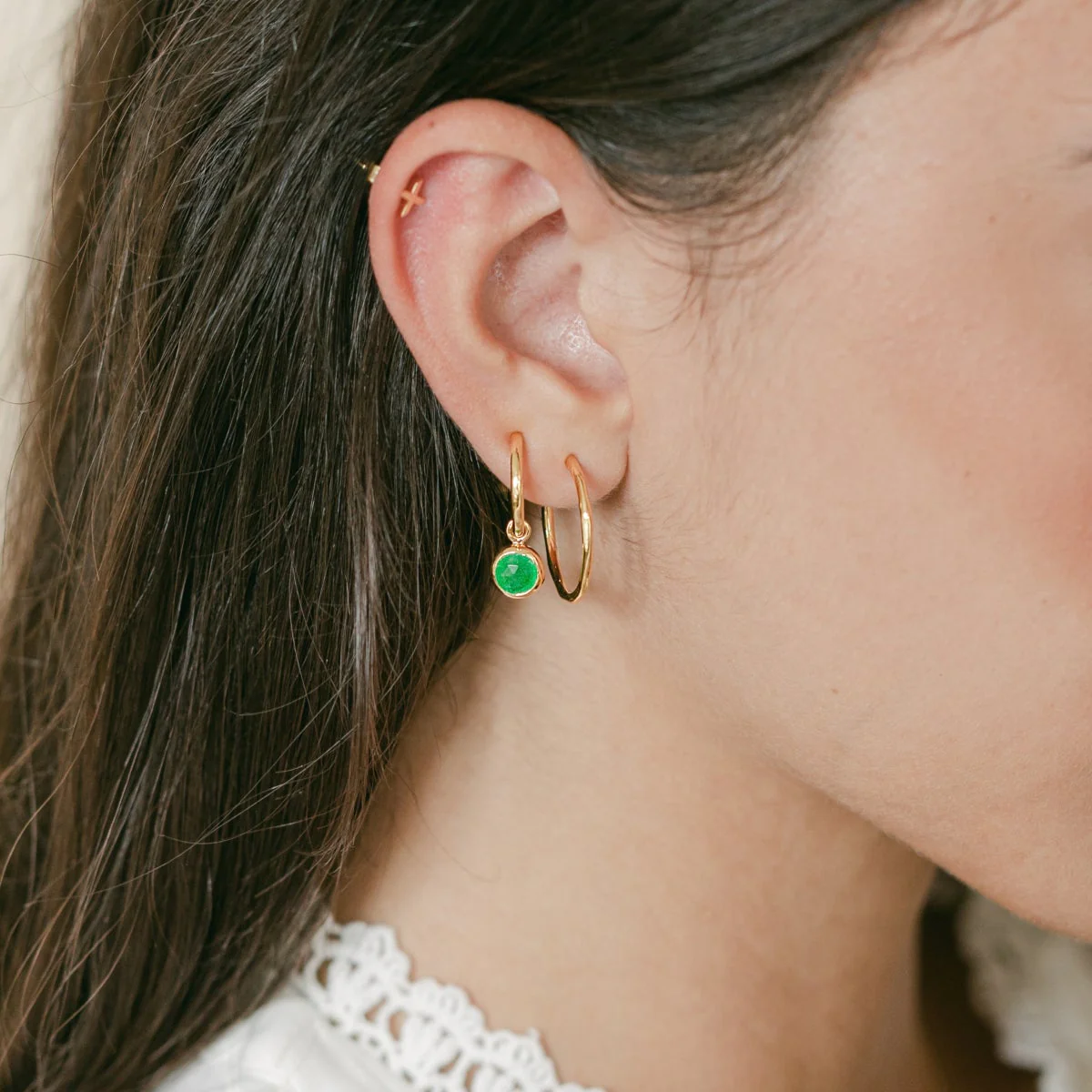 May Birthstone Silver Hoop Earrings - Emerald (Charm sold with hoops or individually) - Image 3