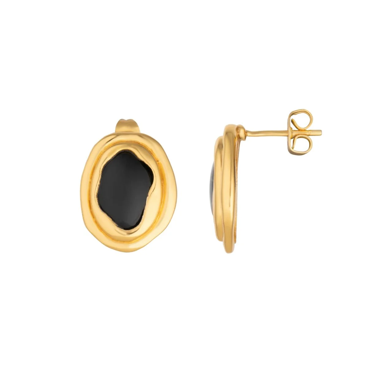 Black Onyx Statement Gold Stud Earrings