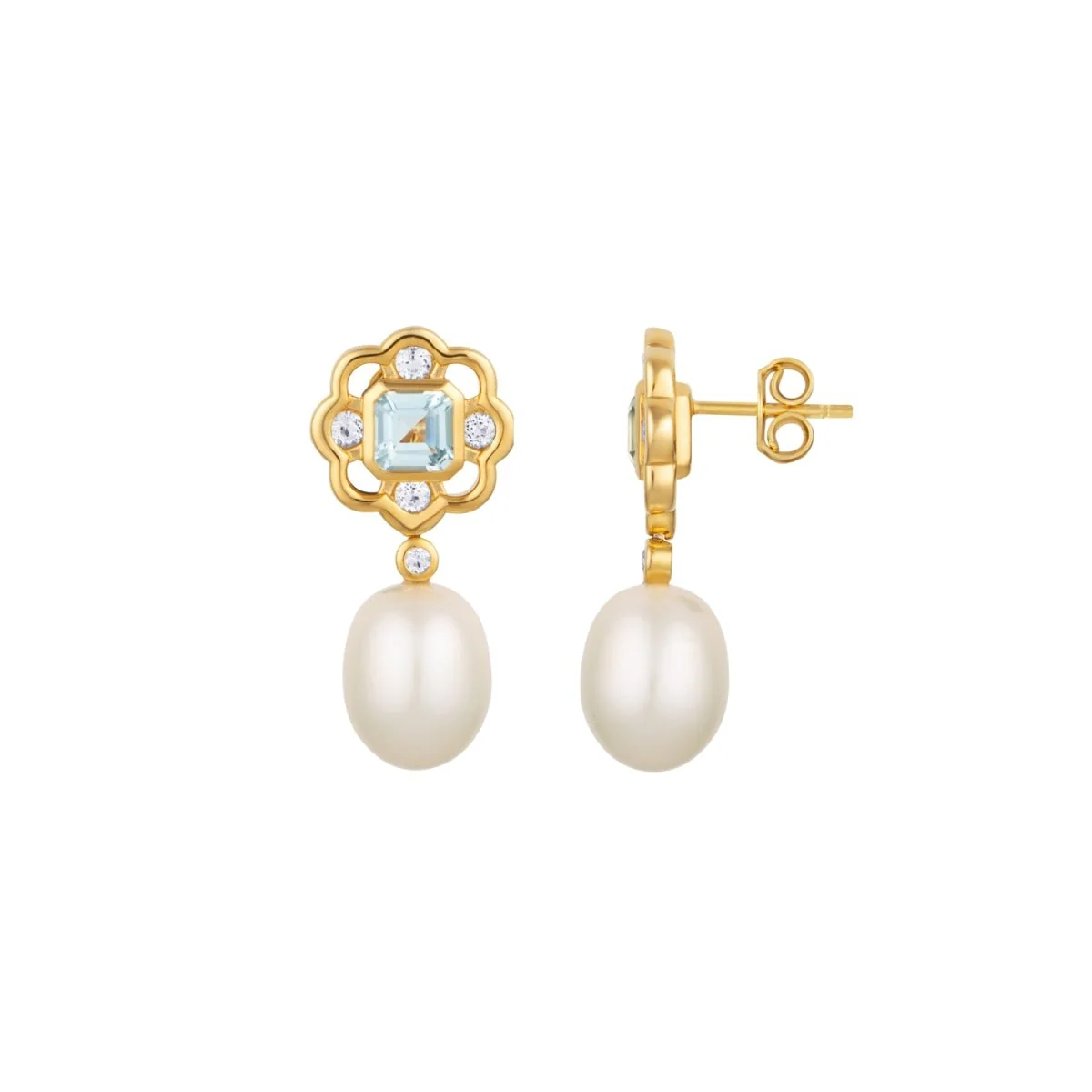 Blue Topaz and Pearl Gemstone Flower Gold Stud Drop Earrings