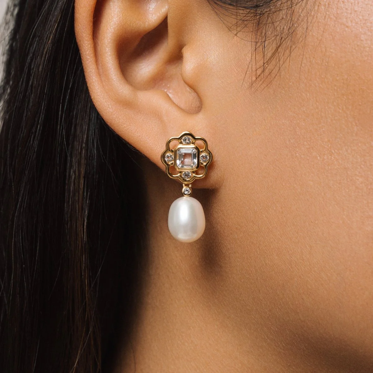 Blue Topaz and Pearl Gemstone Flower Silver Stud Drop Earrings - Image 2