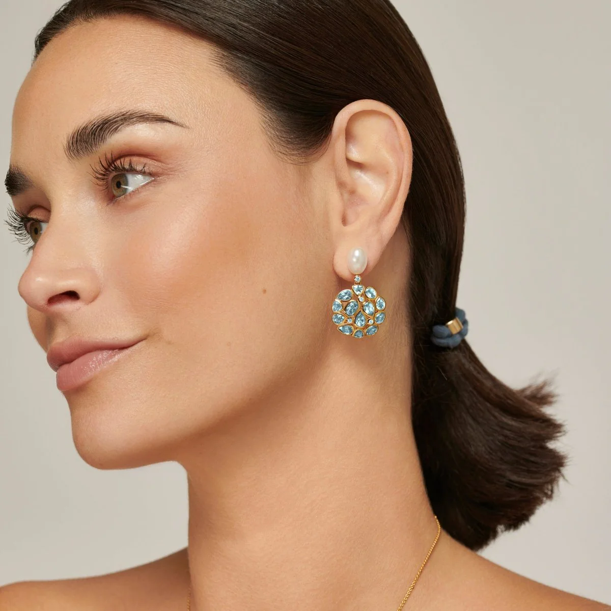Blue Topaz and Pearl Statement Gold Stud Drop Earrings - Image 4