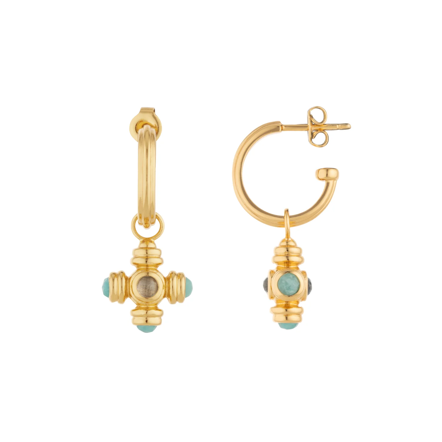 Blue Topaz Cross Gemstone Charm Gold Hoop Earrings
