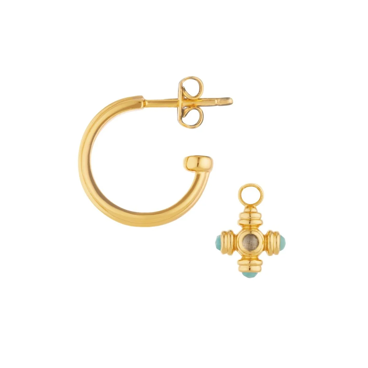 Blue Topaz Cross Gemstone Charm Gold Hoop Earrings - Image 3