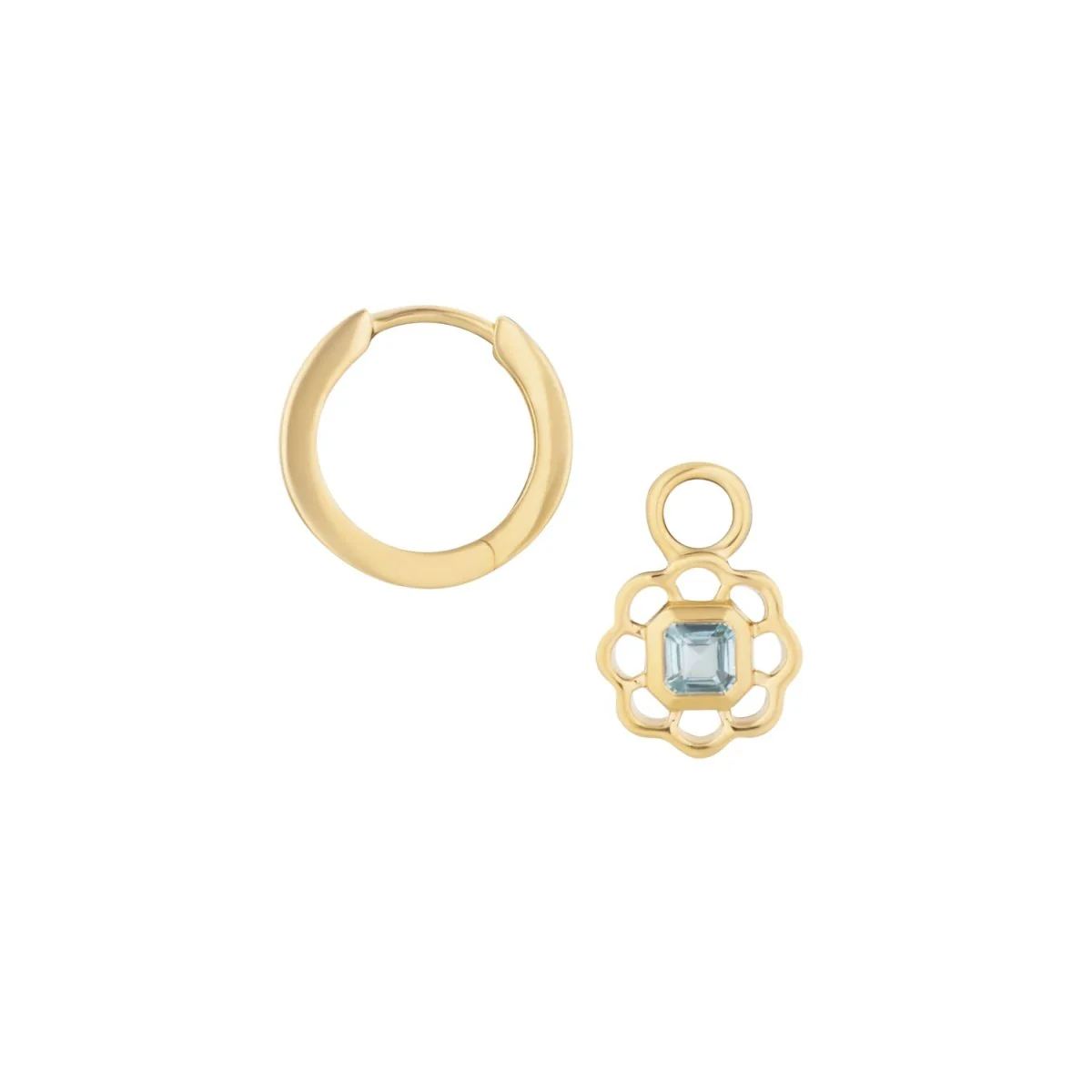 Blue Topaz Gemstone Flower Gold Drop Hoop Earrings - Image 3