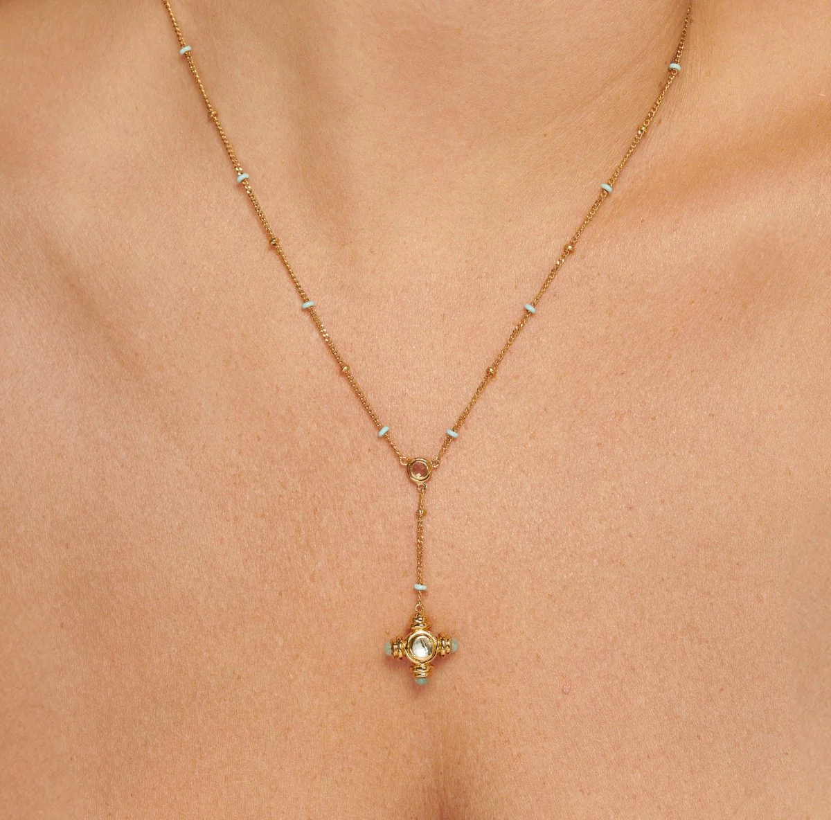 Blue Topaz Cross Gold Lariat Necklace - Image 3