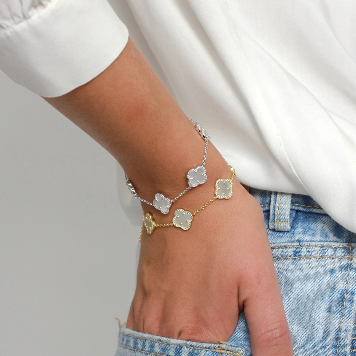 Clover Gold Bracelet (5 Piece) with Mother of Pearl and Cubic Zirconia - Image 4