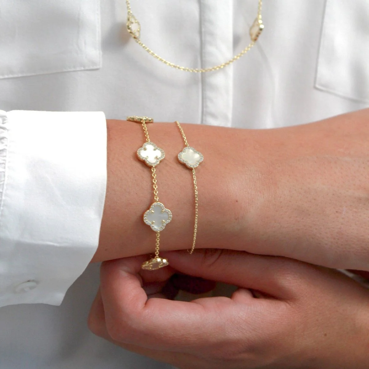 Clover Gold Bracelet (5 Piece) with Mother of Pearl and Cubic Zirconia - Image 5
