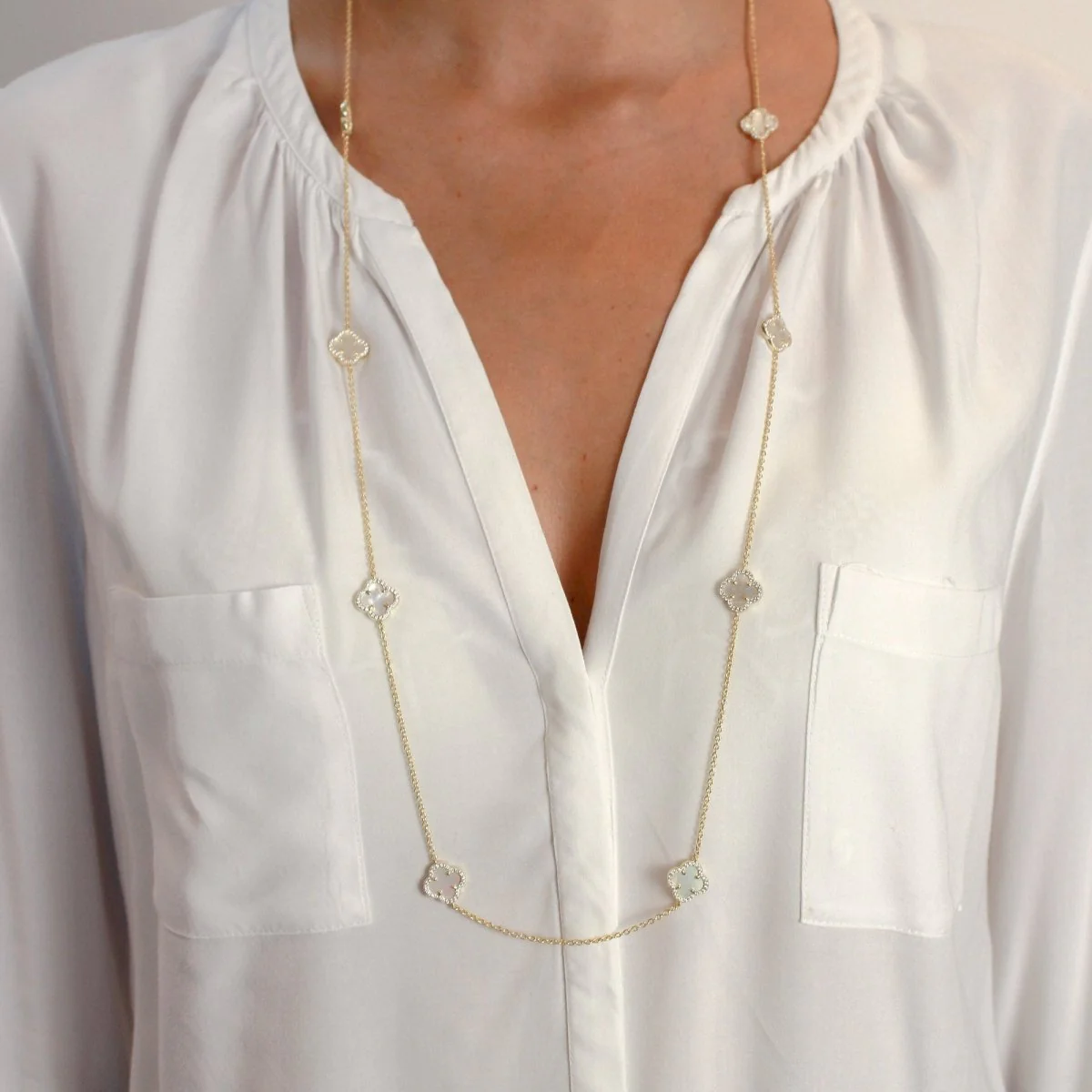 Clover Gold Long Necklace with Mother of Pearl and Cubic Zirconia - Image 3