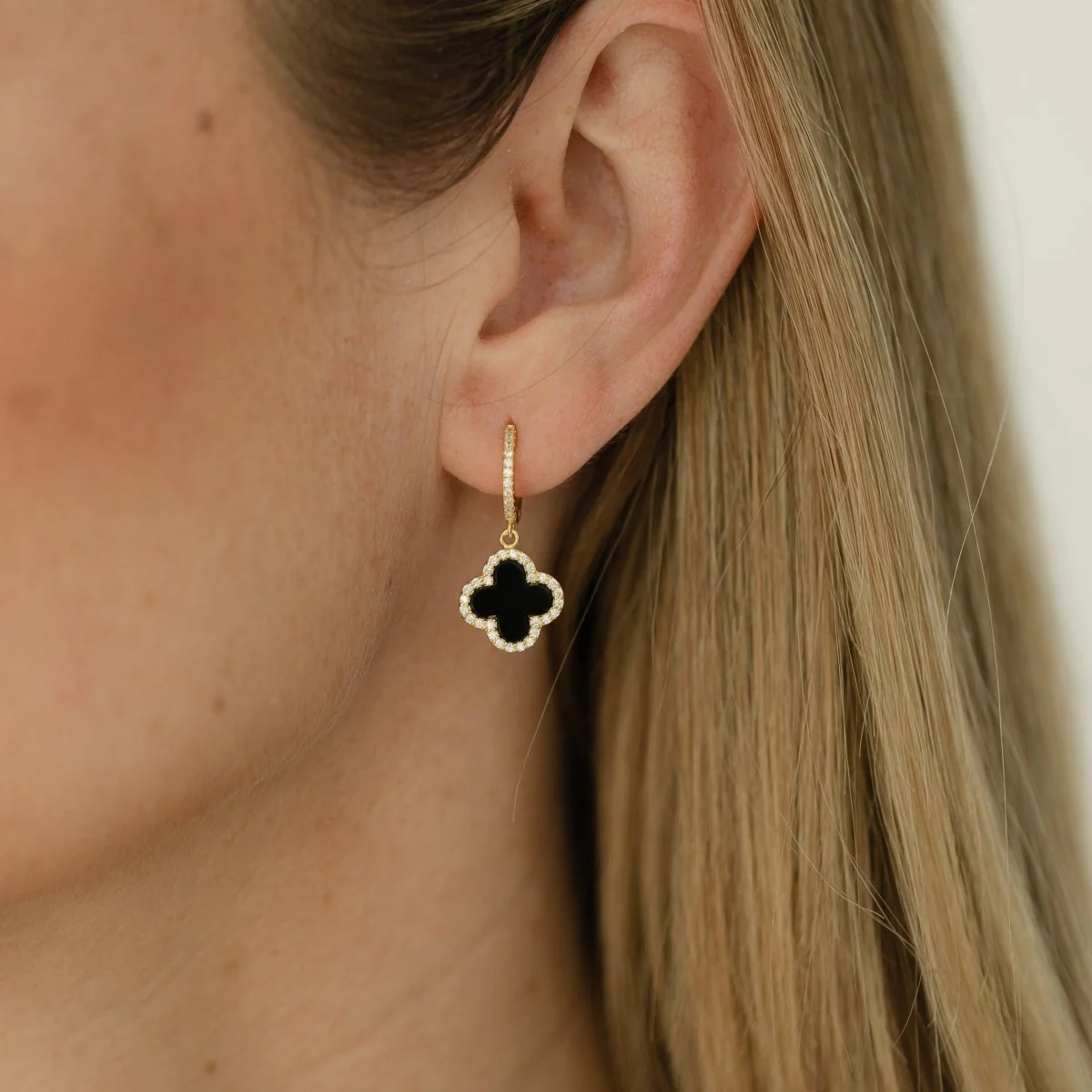Clover Hoops with Black Onyx and Cubic Zirconia (Gold) (Large) - Image 2