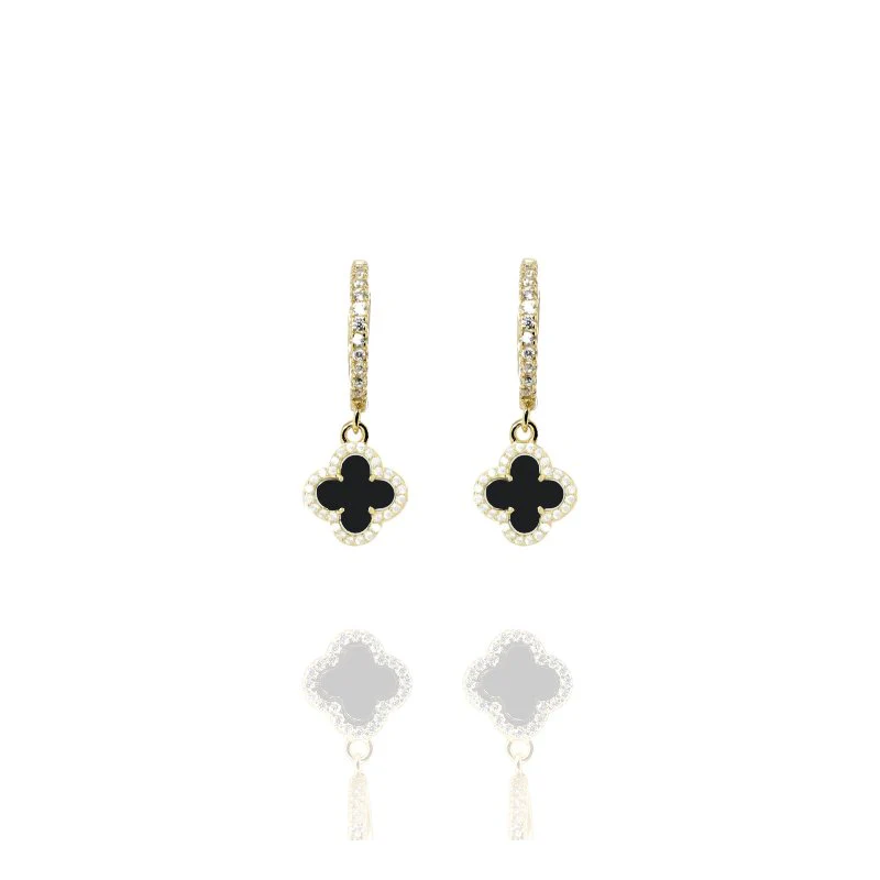 Clover Hoops with Black Onyx and Cubic Zirconia (Gold)
