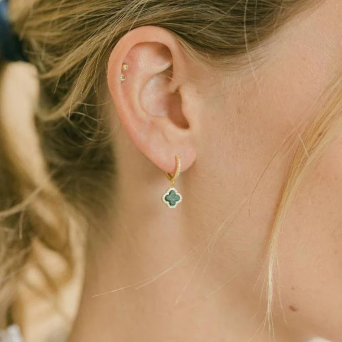Clover Hoops with Black Onyx and Cubic Zirconia (Gold) - Image 3