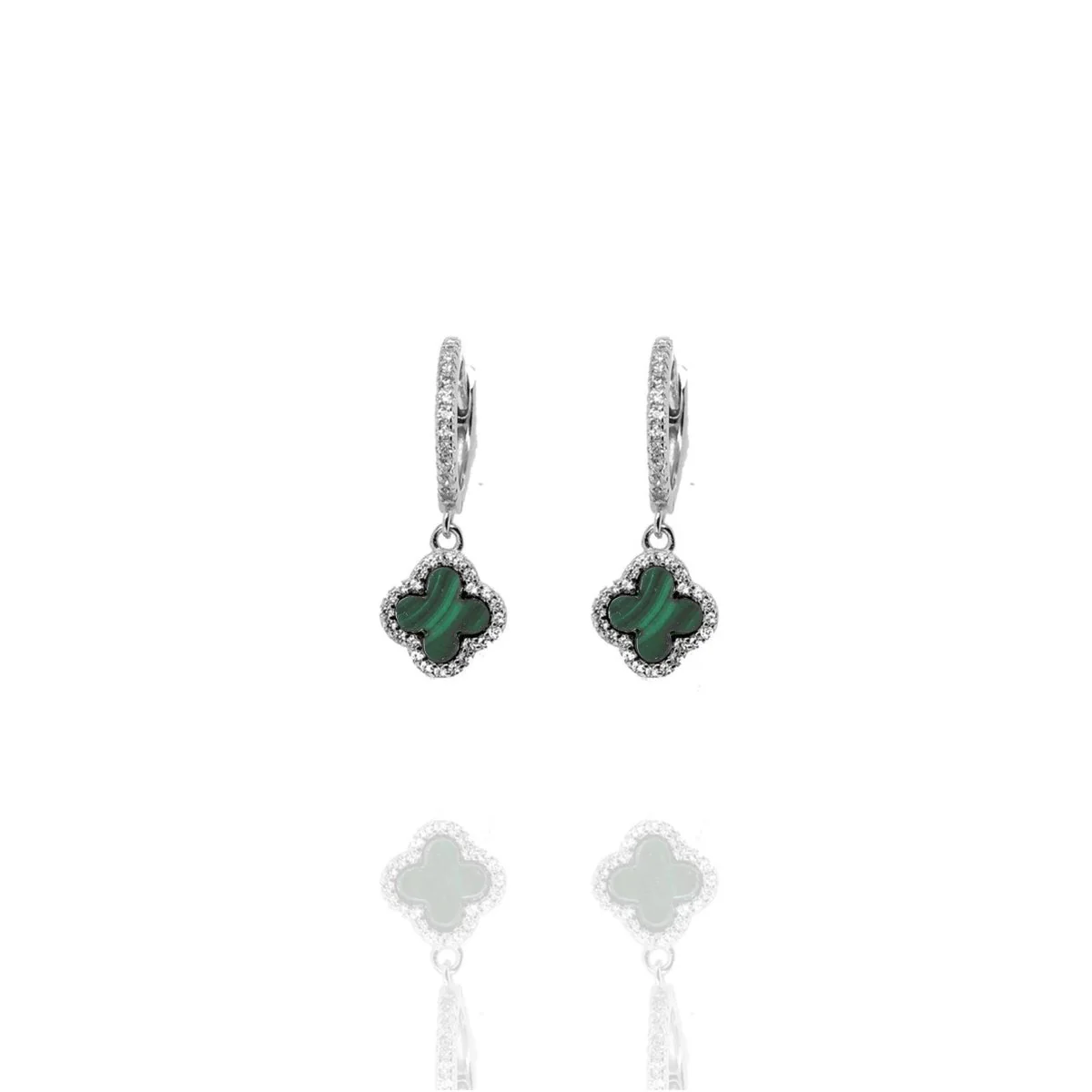 Clover Hoops with Malachite and Cubic Zirconia (Silver)
