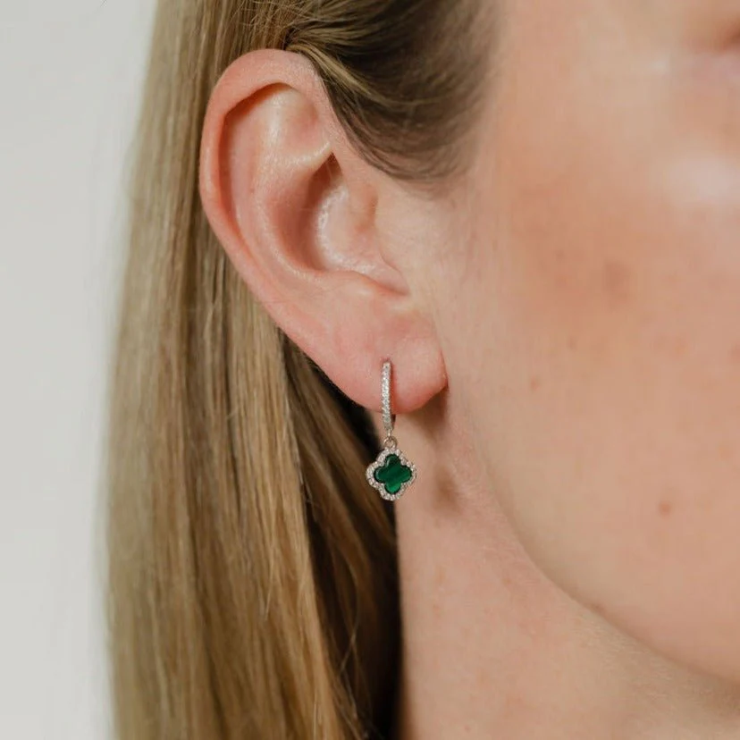 Clover Hoops with Malachite and Cubic Zirconia (Silver) - Image 2