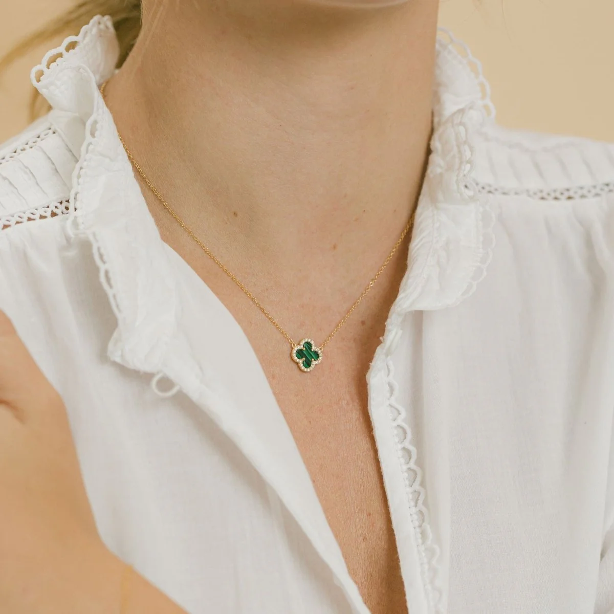 Clover Necklace with Malachite and Cubic Zirconia (Silver) - Image 5