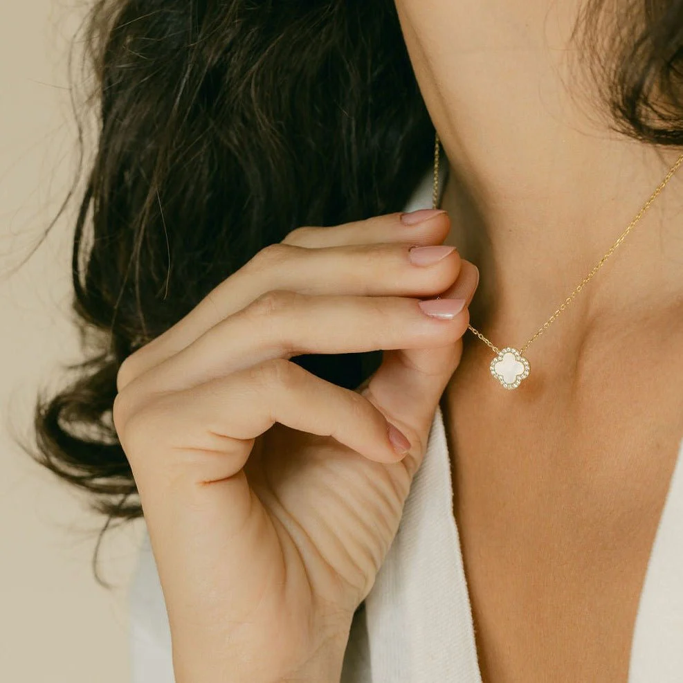 Clover Necklace with Mother of Pearl and Cubic Zirconia (Gold) - Image 3