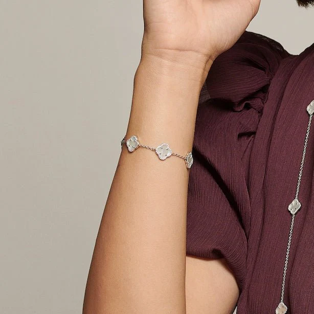 Clover Silver Bracelet (5 Piece) with Mother of Pearl and Cubic Zirconia - Image 3