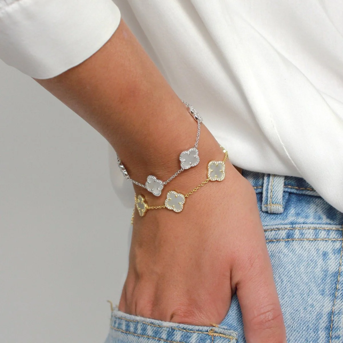 Clover Silver Bracelet (5 Piece) with Mother of Pearl and Cubic Zirconia - Image 5