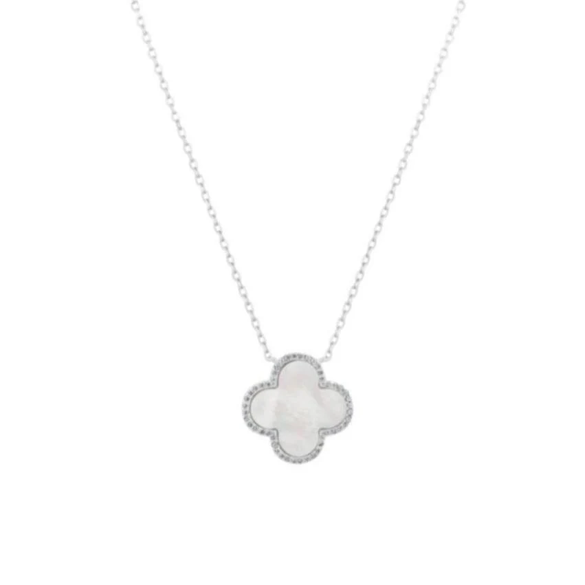 Clover Silver Necklace with Mother of Pearl and Cubic Zirconia - Large