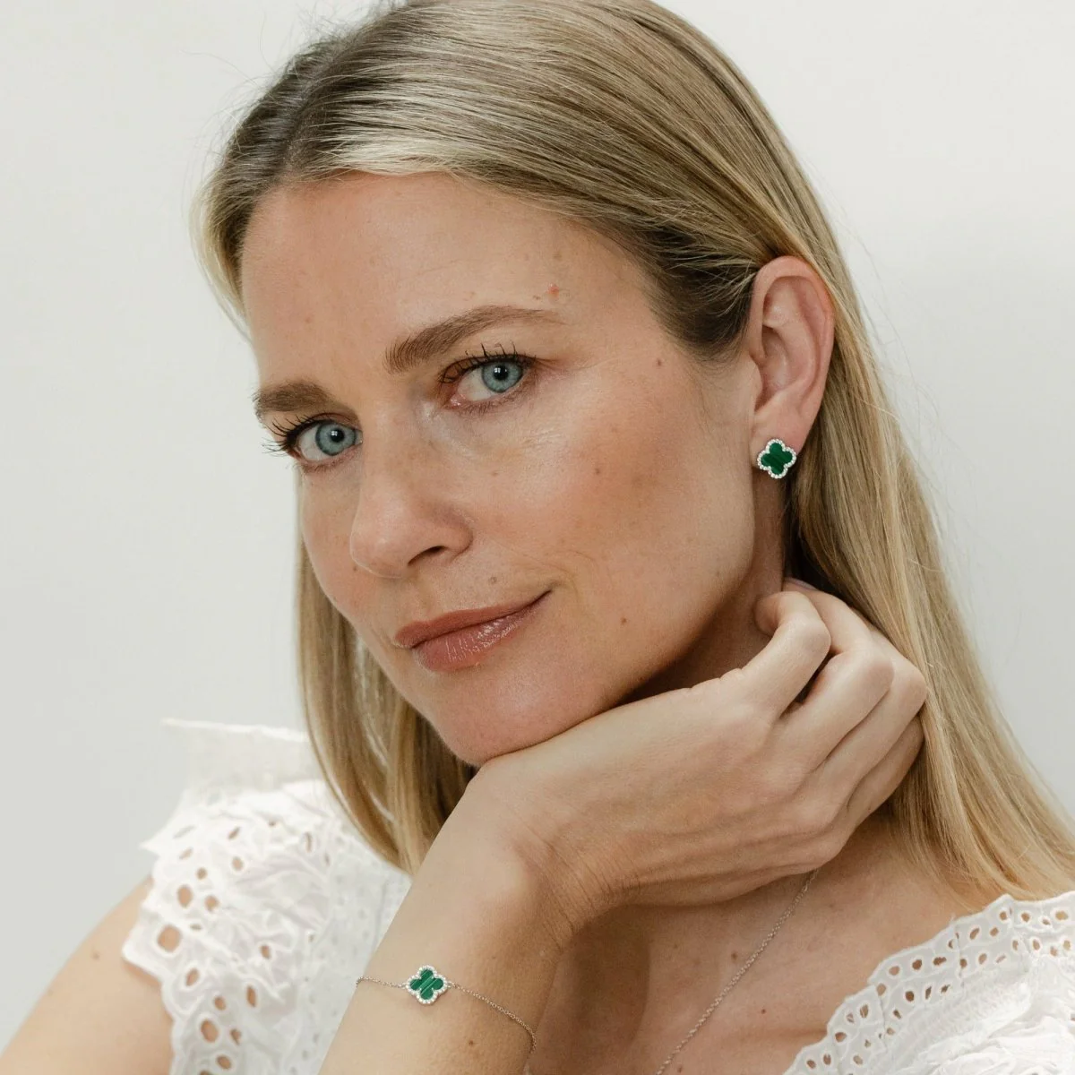 Clover Studs with Malachite and Cubic Zirconia (Silver) (Large) - Image 3