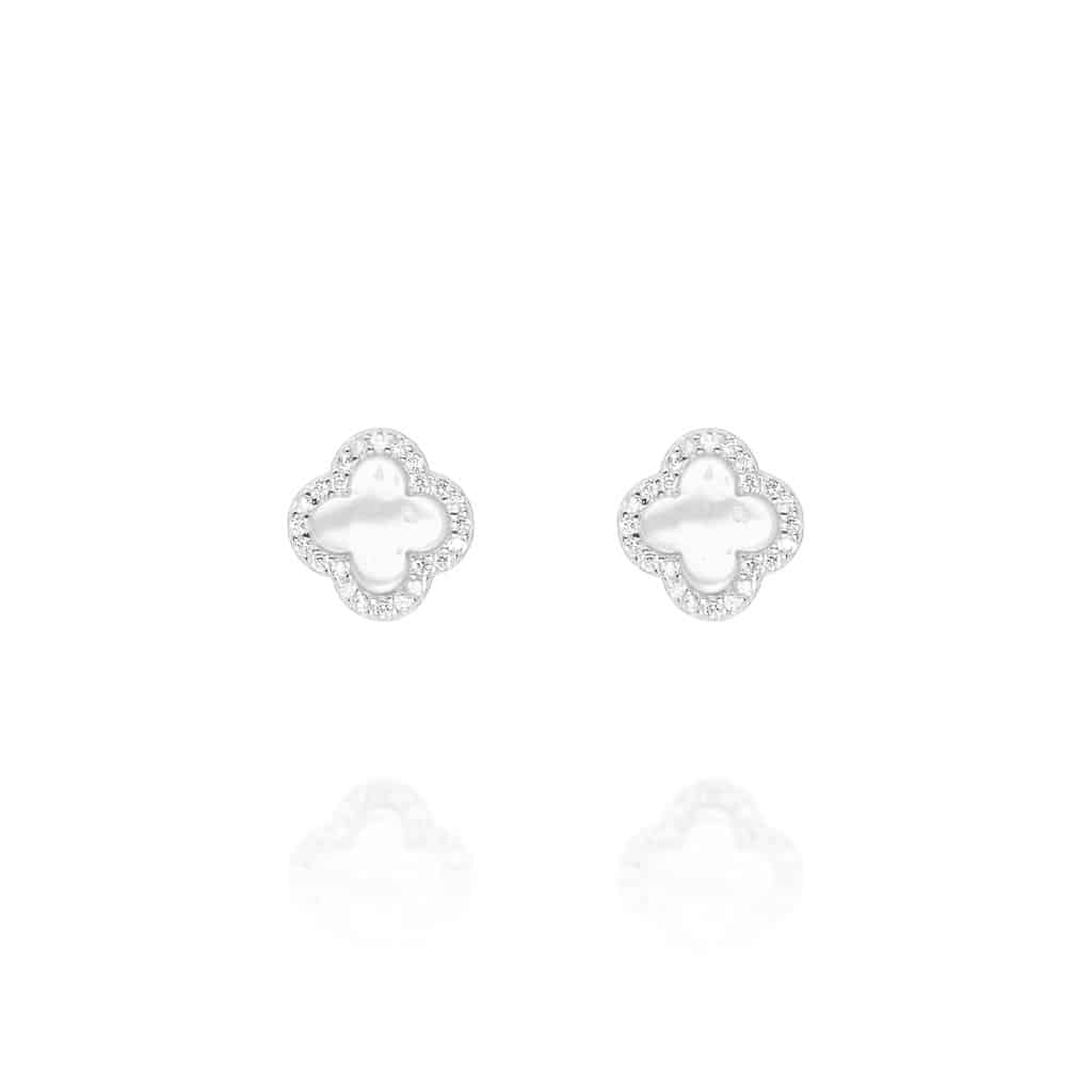 Clover Small Stud Earrings with Mother of Pearl and Cubic Zirconia (Silver)