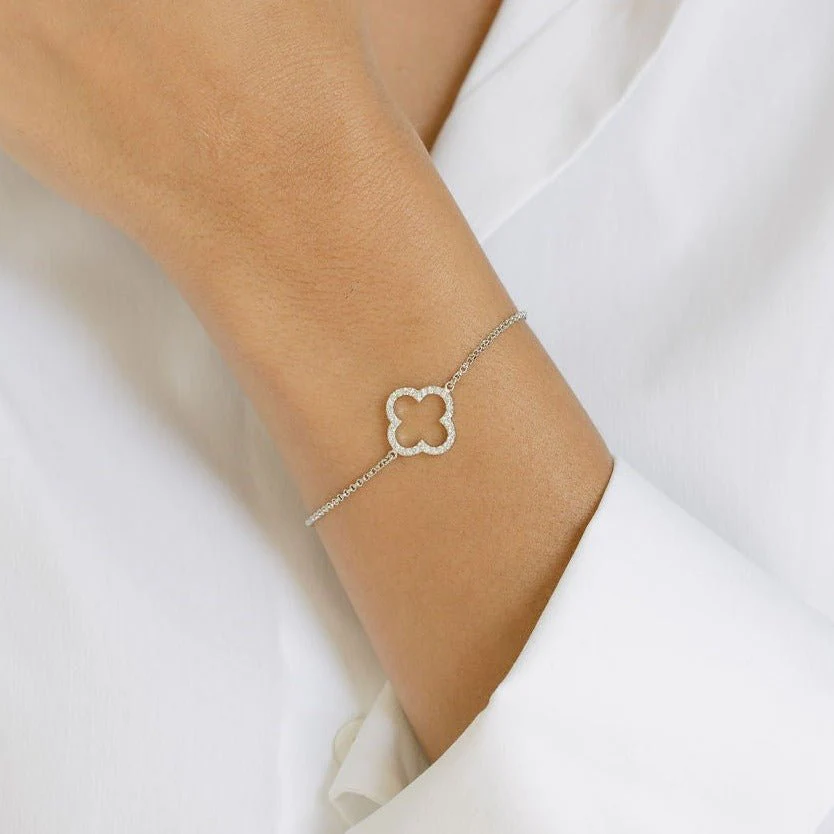 Clover Bracelet with Cubic Zirconia Stones (Silver) - Image 3