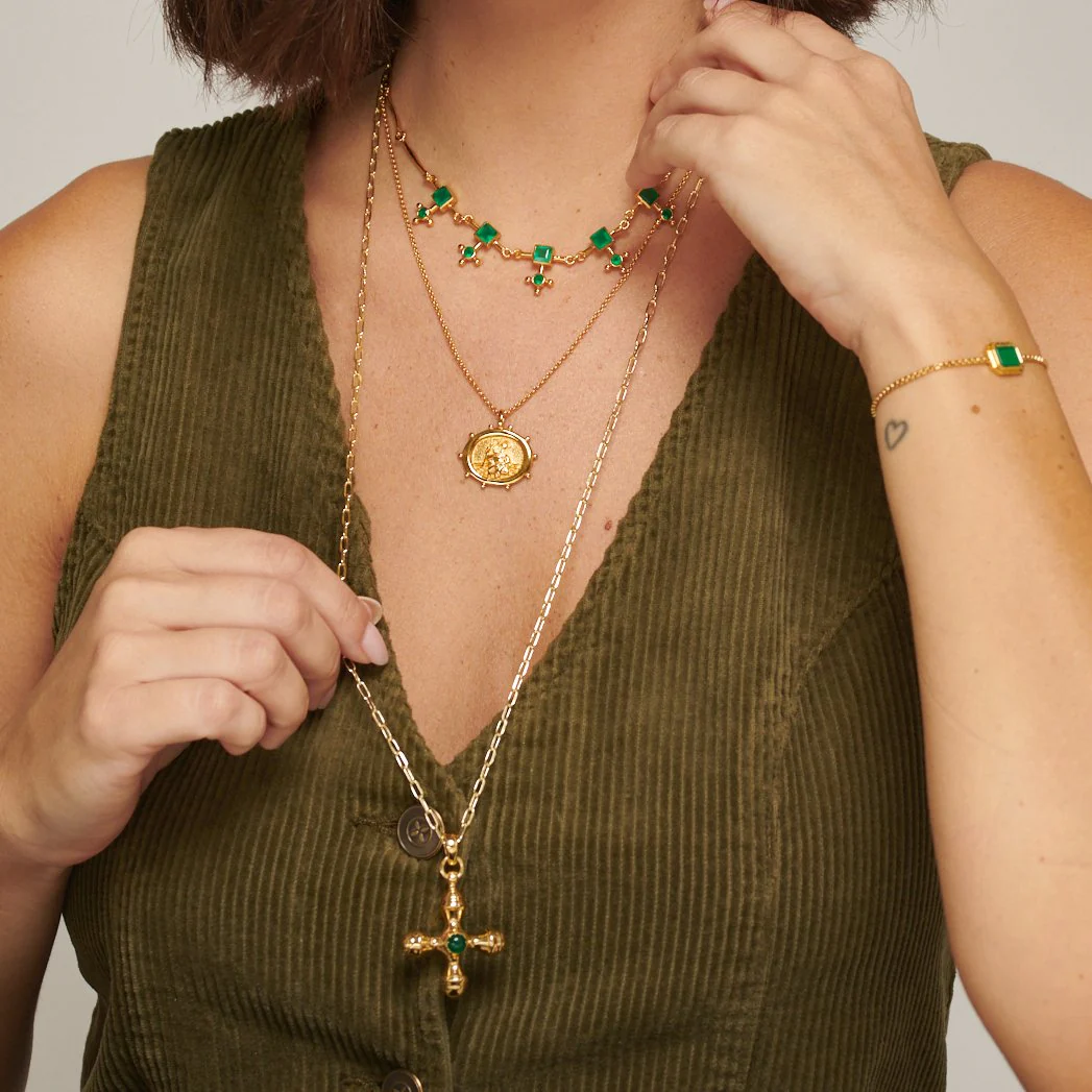 Cross Green Onyx Gold Choker Necklace - Image 4