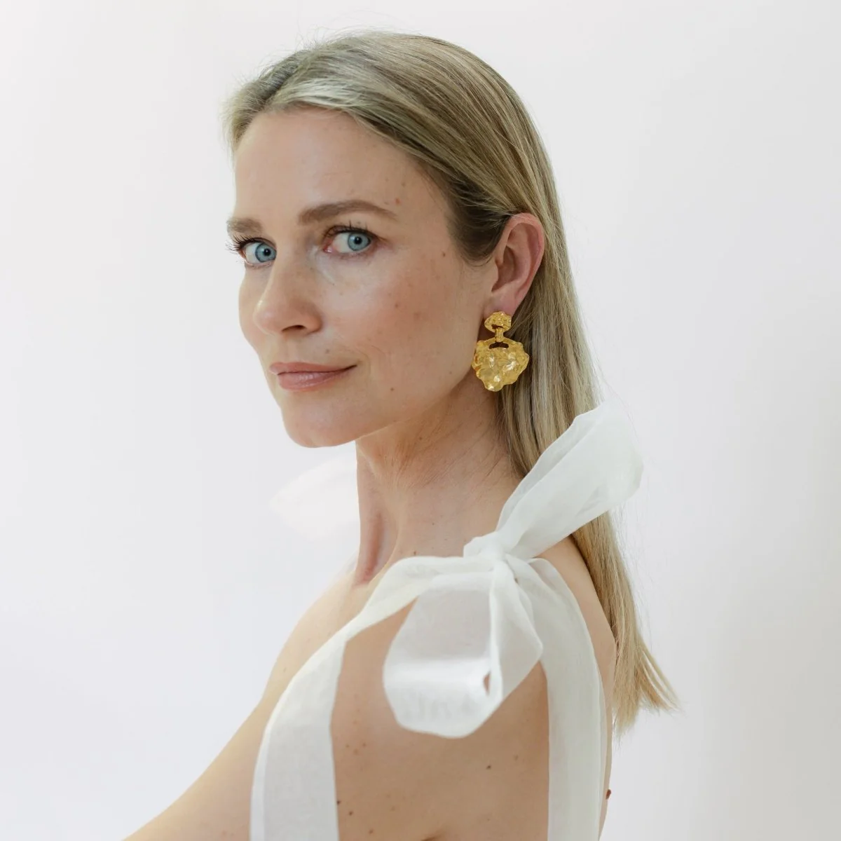 Crumpled Gold Stud Drop Large Earrings - Image 4