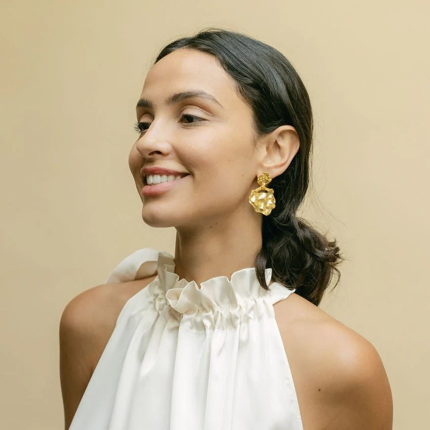 Crumpled Gold Stud Drop Large Earrings - Image 5
