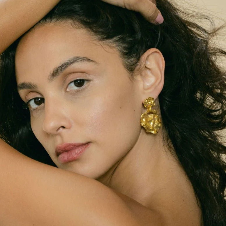 Crumpled Gold Stud Drop Large Earrings - Image 6