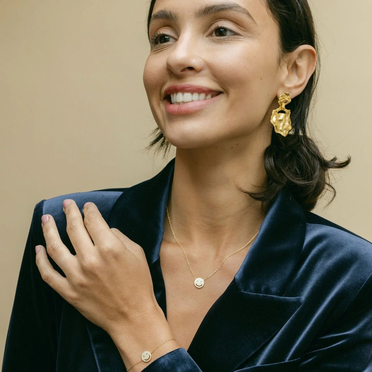 Crumpled Gold Stud Drop Large Earrings - Image 7