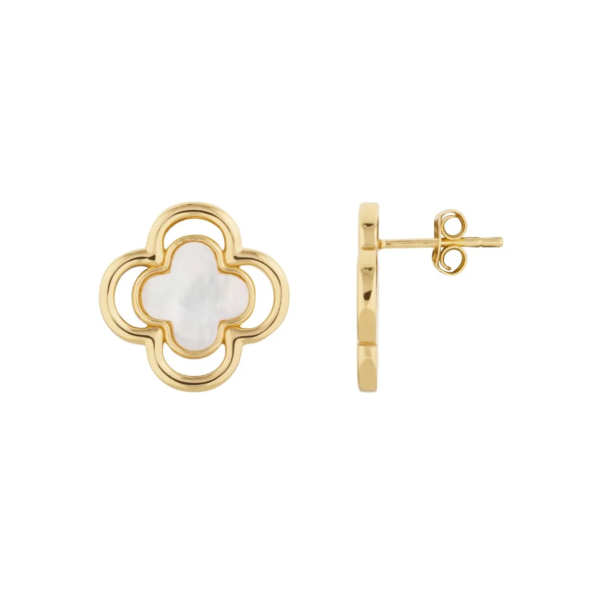 Double Clover Gold Stud Earrings with Mother of Pearl
