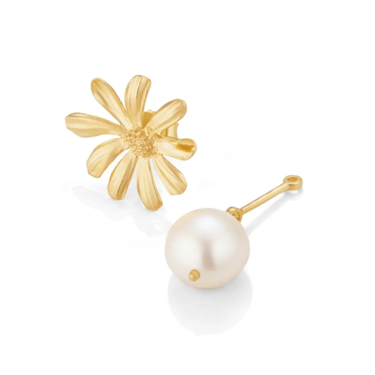 Daisy Flower and Pearl Gold Stud Drop Earrings - Image 3