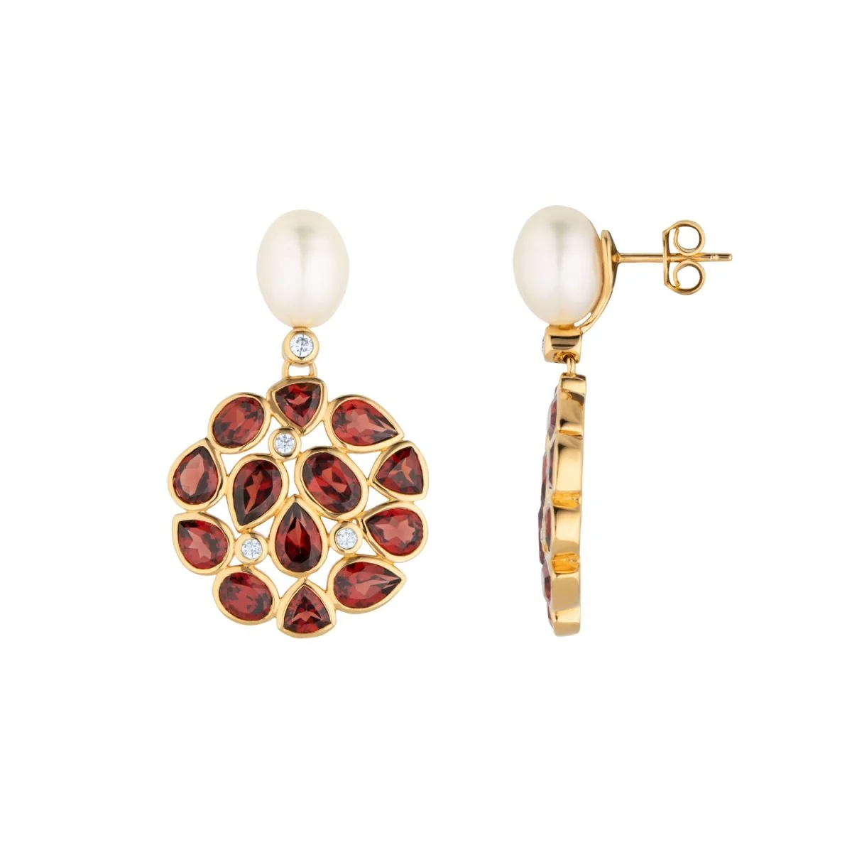 Garnet and Pearl Statement Gold Stud Drop Earrings