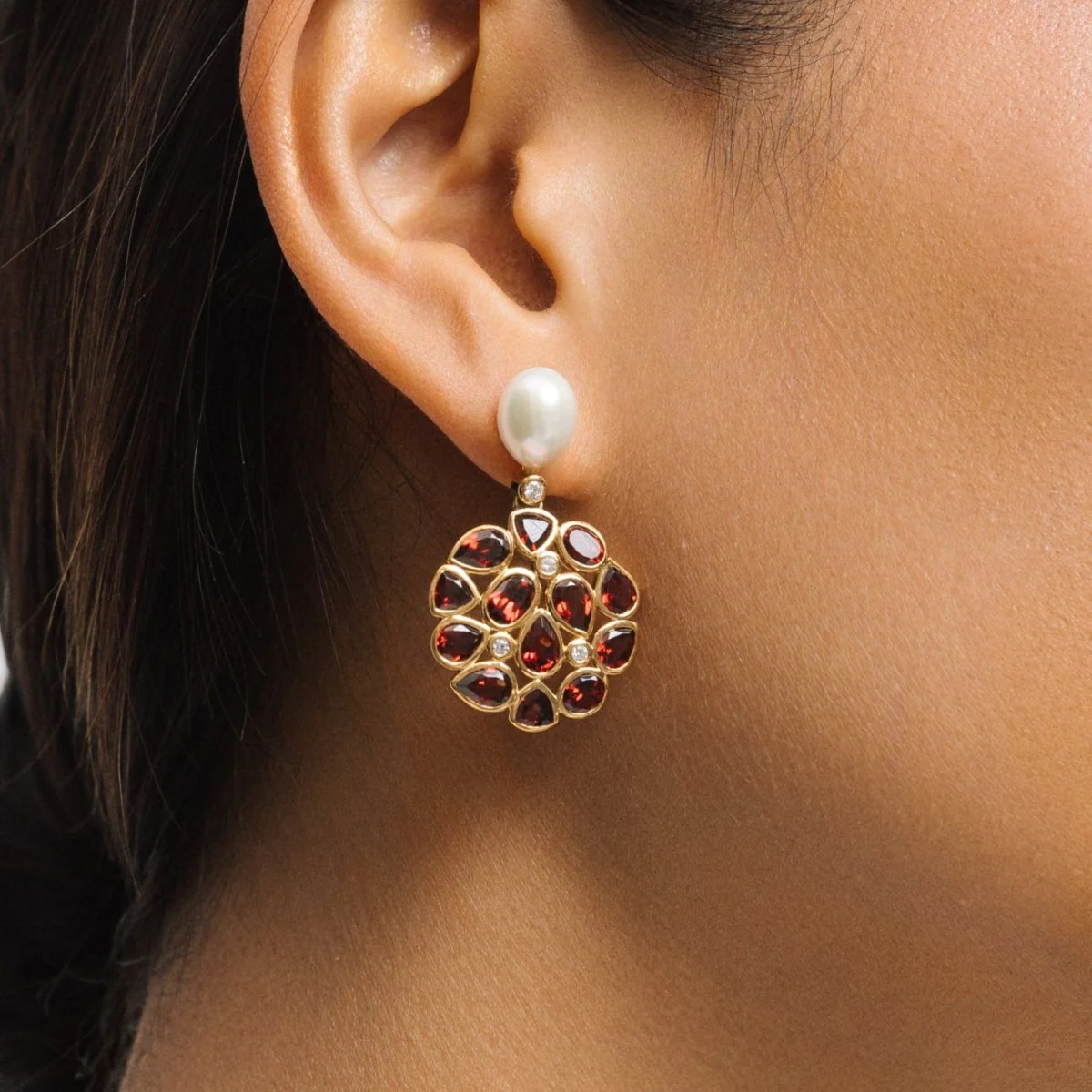 Garnet and Pearl Statement Gold Stud Drop Earrings - Image 2