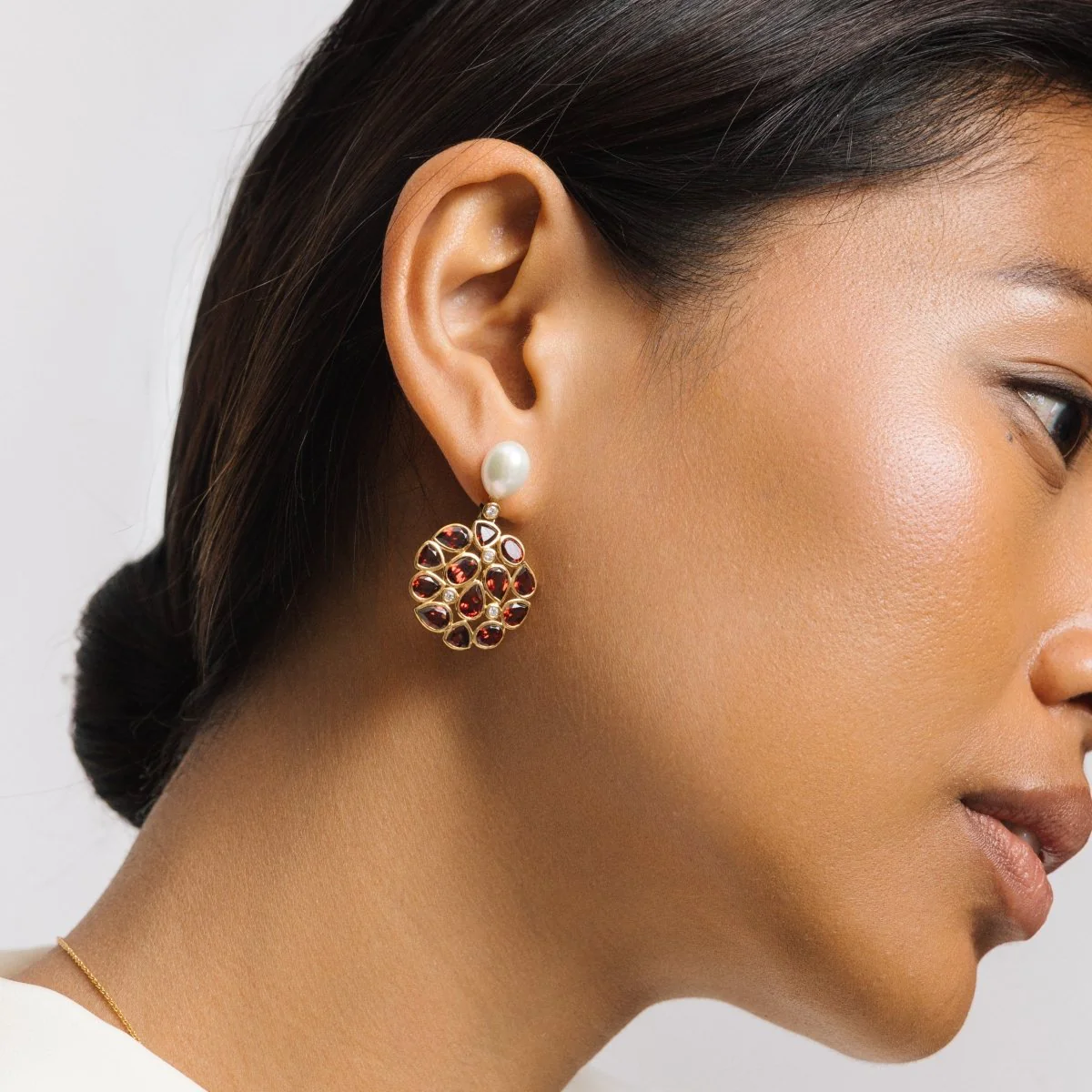 Garnet and Pearl Statement Gold Stud Drop Earrings - Image 3