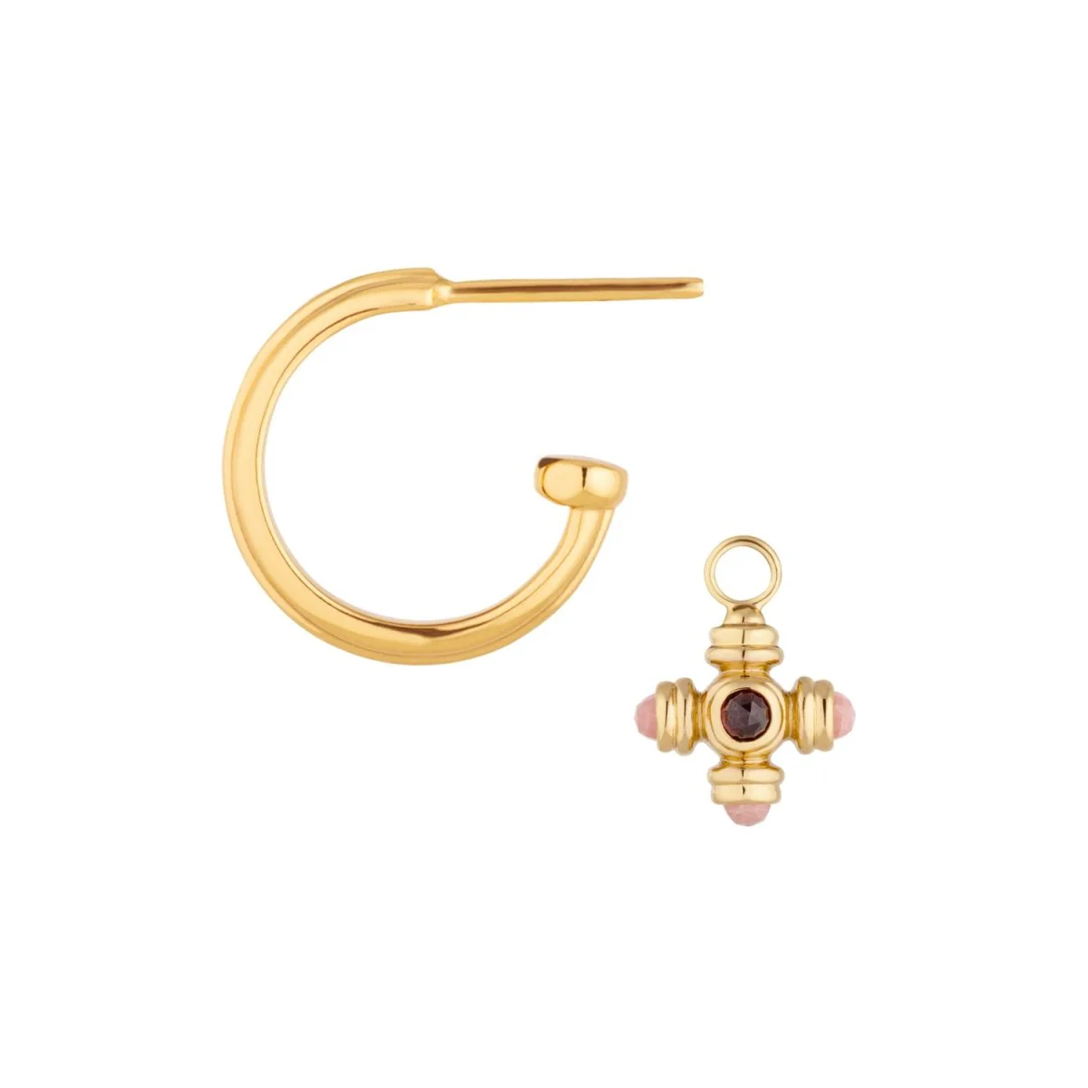 Garnet and Rhodochrosite Cross Gemstone Charm Gold Hoop Earrings - Image 3