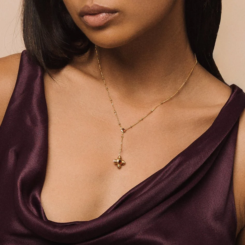 Garnet and Rhodochrosite Gold Lariat Necklace - Image 3