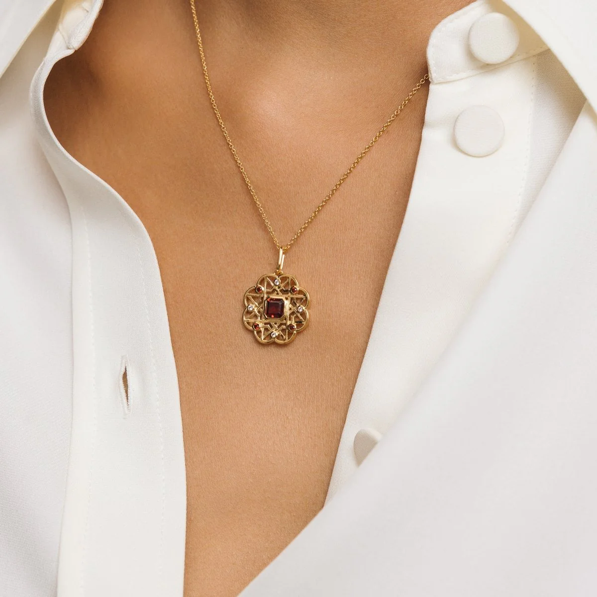 Garnet Gemstone Flower Gold Necklace - Image 3