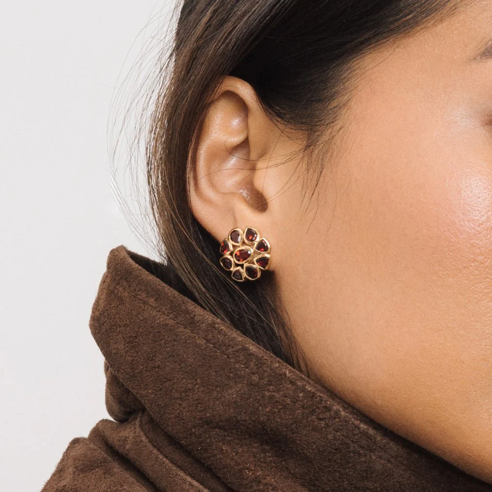 Garnet Statement Gold Stud Earrings - Image 3