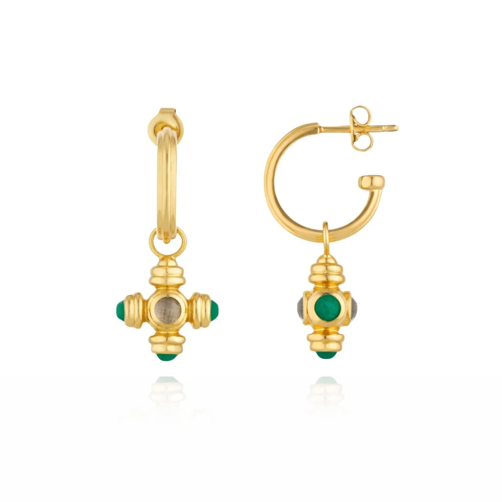 Green Agate and Labradorite Cross Gemstone Charm Gold Hoop Earrings