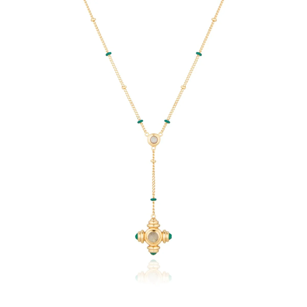 Green Agate and Labradorite Gold Lariat Necklace