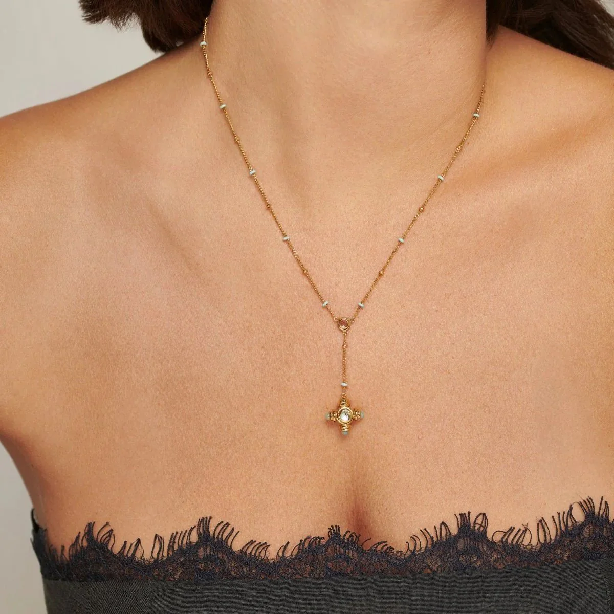 Green Agate and Labradorite Gold Lariat Necklace - Image 4