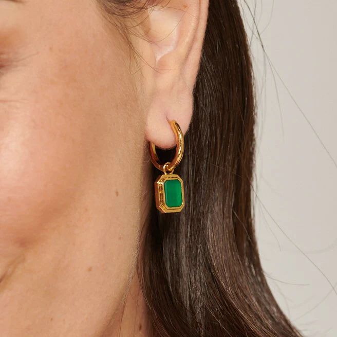 Green Agate Rectangular Gold Charm Hoop Earrings - Image 2