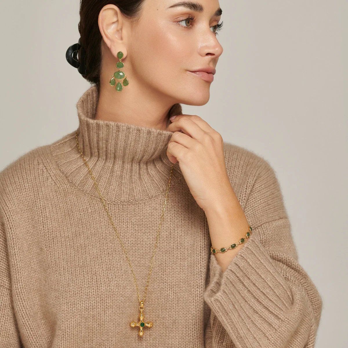 Green Aventurine Chandelier Gold Stud Drop Earrings - Image 3