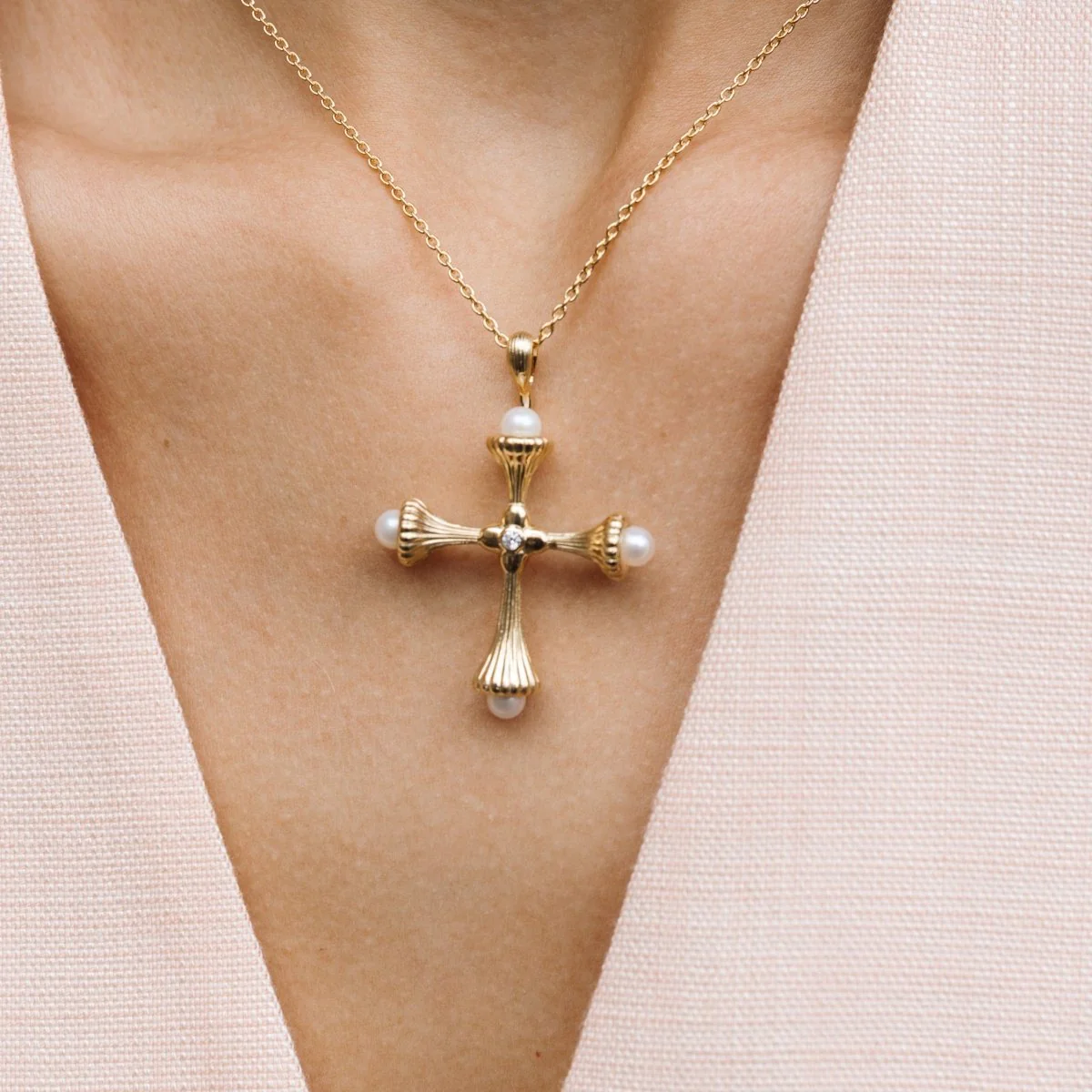 Pearl Cross Gold Necklace with Cubic Zirconia - Ripple - Image 3
