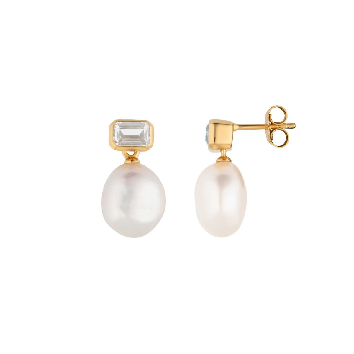 Pearl Drop Stud Gold Earrings with Baguette Cubic Zirconia