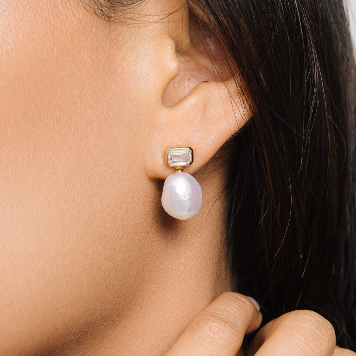 Pearl Drop Stud Gold Earrings with Baguette Cubic Zirconia - Image 2